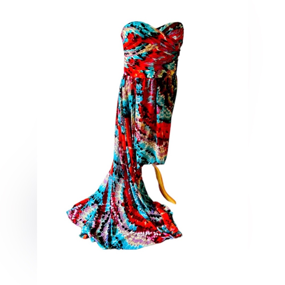Aidan Mattox Hi Low Feather print strapless chiffon gown, Size 4